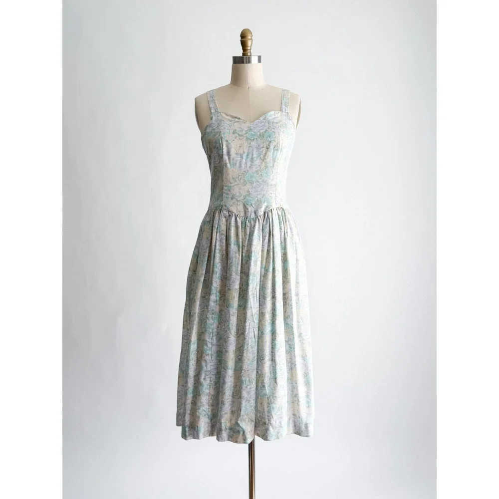 Vintage Floral Midi Dress Cottagecore Pastel Dropped Waist Sweetheart Blue Green